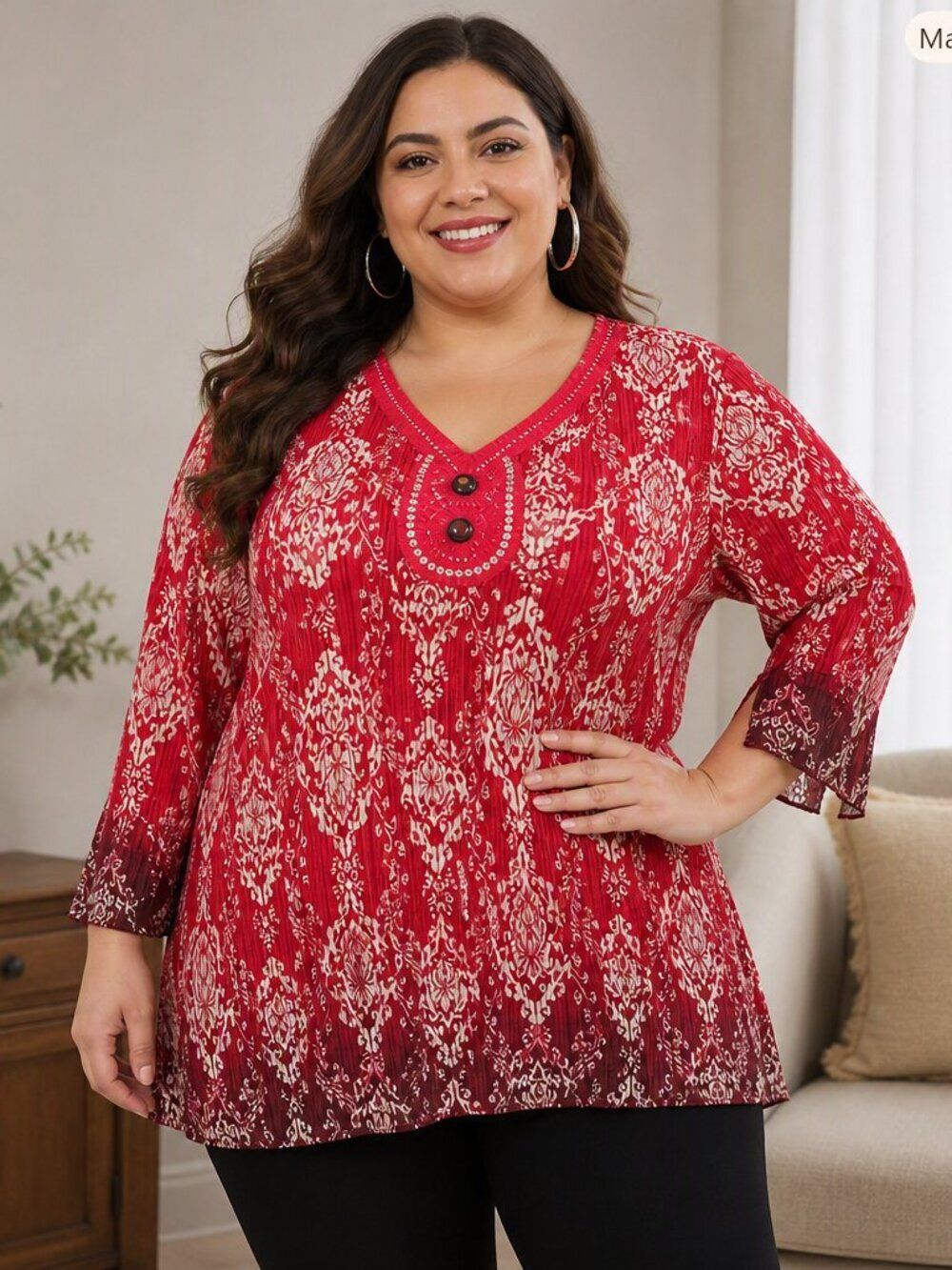 Maggie Barnes 3X Plus Size Red Damask Beaded Plisse Crinkle Tunic Top 26 28W